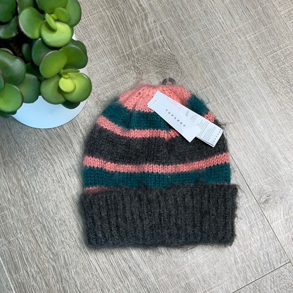 NWT TOPSHOP Pink Gray Teal Striped Beanie